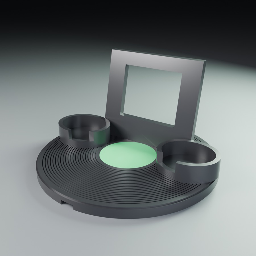 A record-shaped controller stand with two grip cups