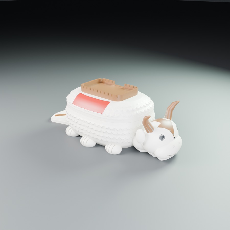 A white furry bison box with a brown saddle lid