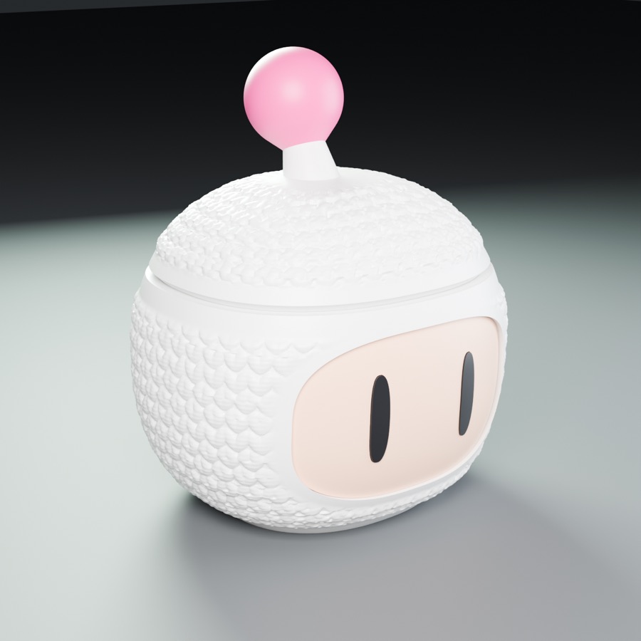 A white knitted-texture head box with a pink antenna ball on top