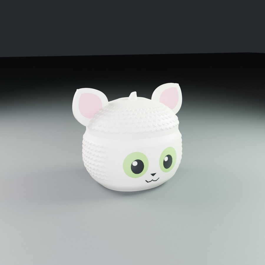 A white furry lemur head box with big green eyes and large ears