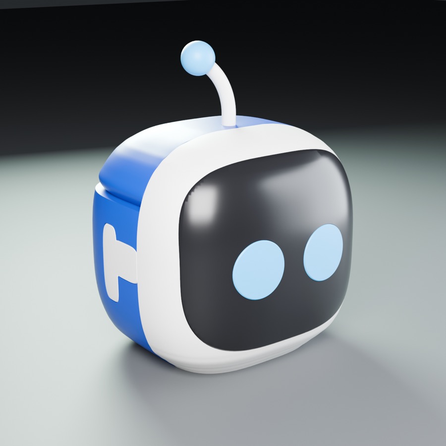 A white and blue robot head box with a dark visor and round blue eyes