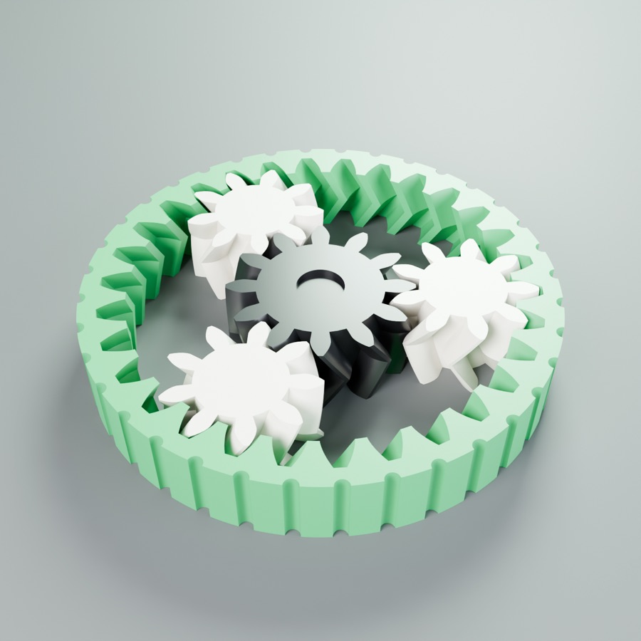 A green ring gear with white planet gears around a dark sun gear