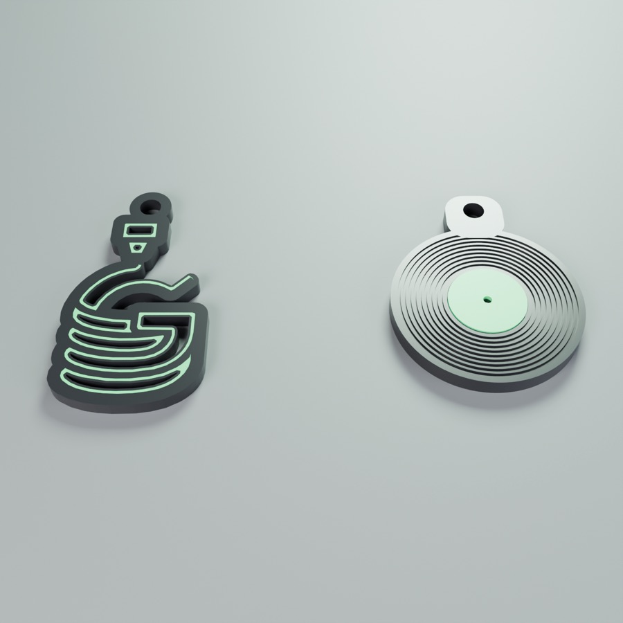 A logo keychain and a record keychain