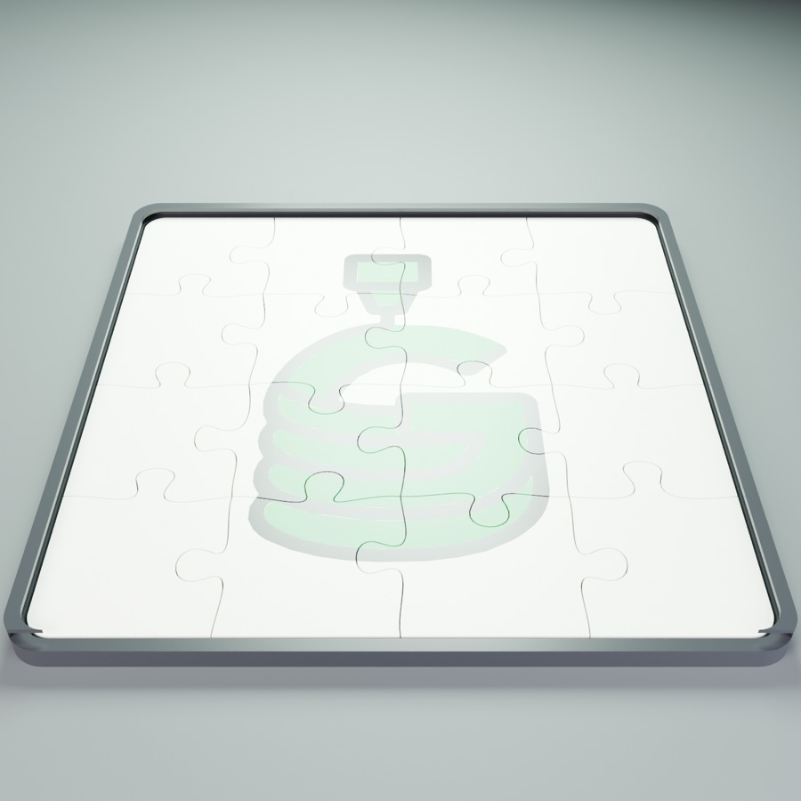 A white jigsaw with a green logo in a dark frame tray