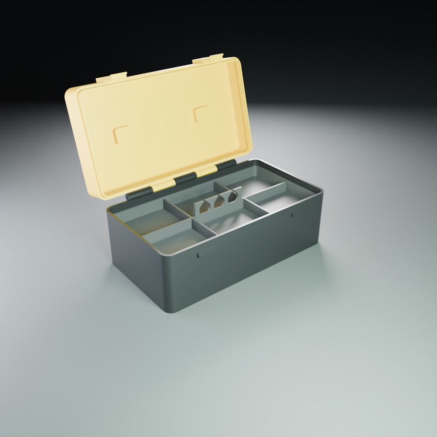 The toolbox open, showing its tray