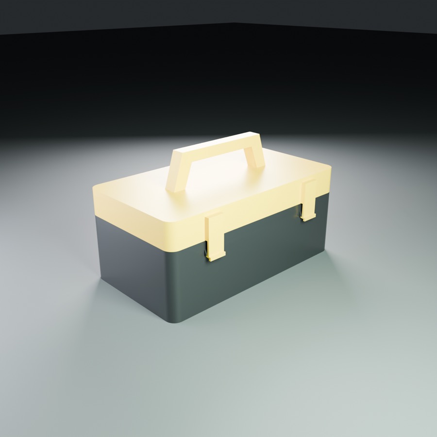 A dark toolbox with a cream lid and handle
