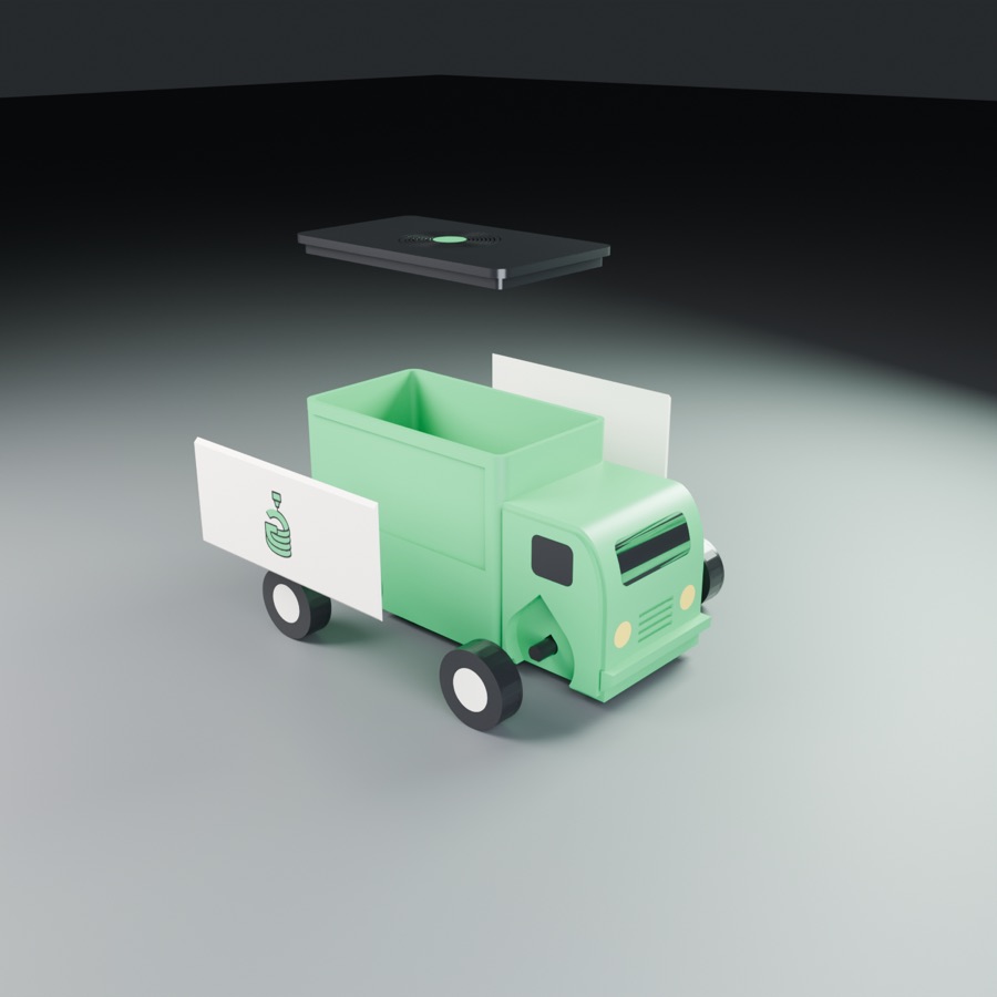 The truck taken apart: lid, panels, cargo box, cab and wheels