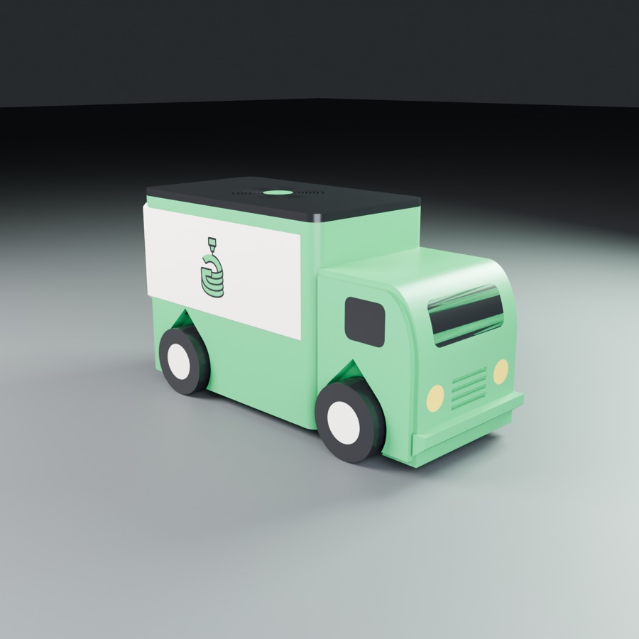 A green toy truck with a white logo panel