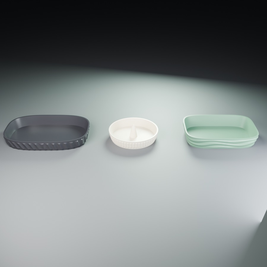 Three textured trays in dark grey, white and green