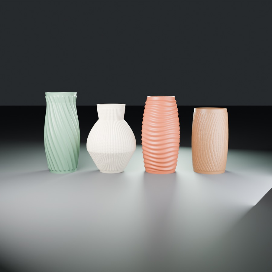Four textured vases in green, white and peach