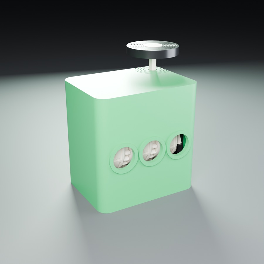 A green box with three round windows and a small record button on top