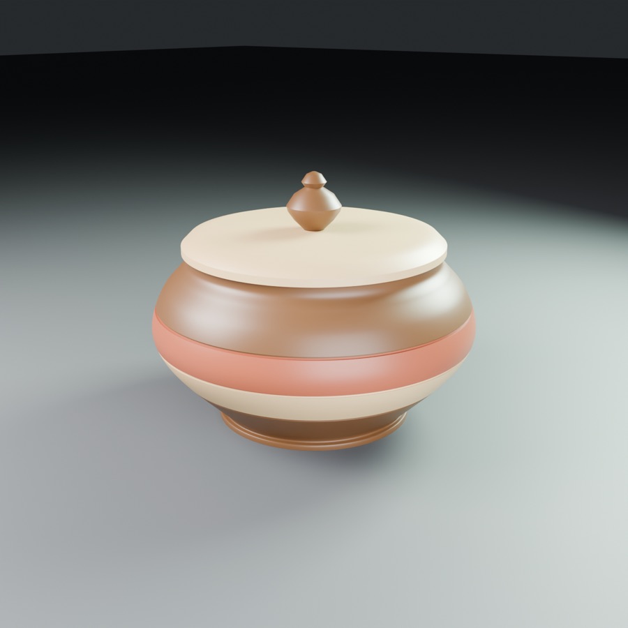 A round lidded bowl in bands of wood colours