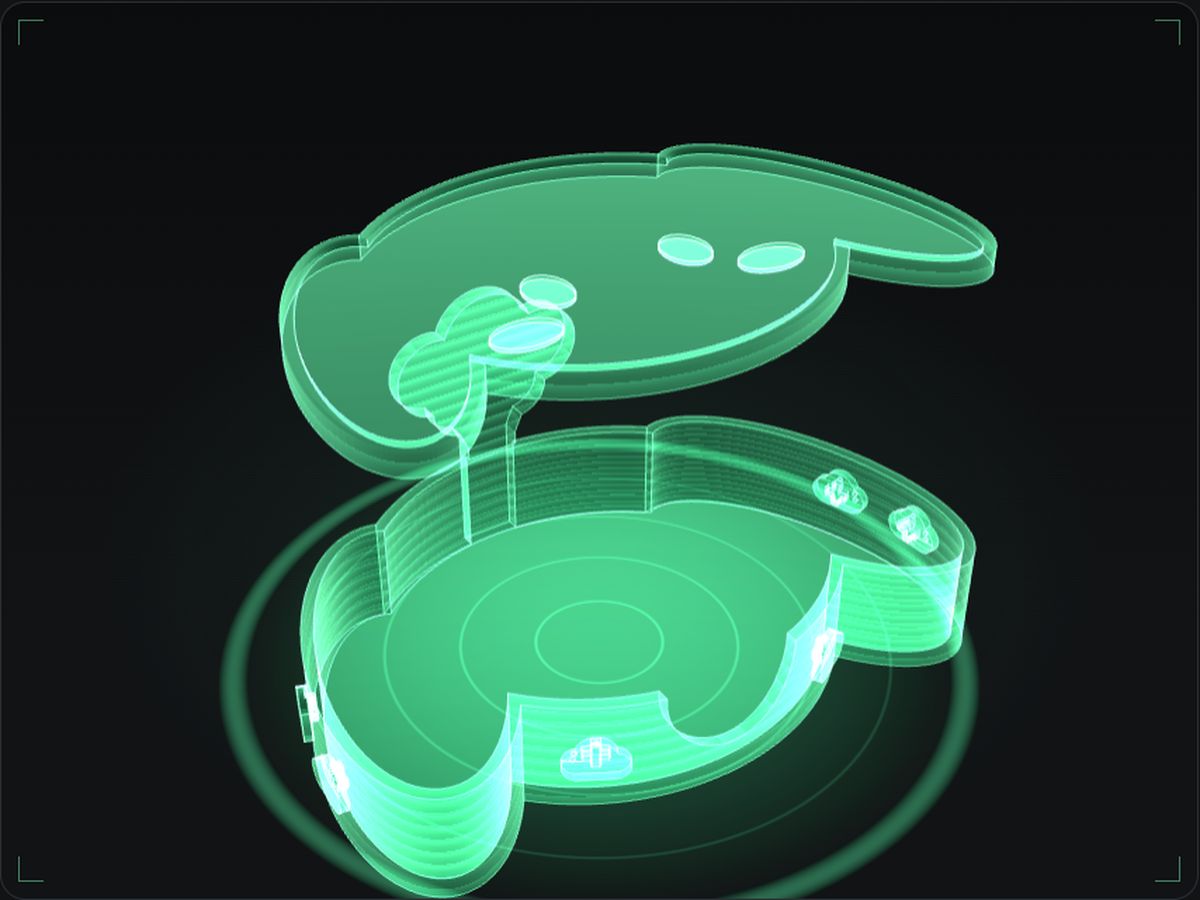 A green hologram of the puppy coaster set from the CAD model: the wide holder with six cloud charms and a puppy coaster dropping into it.
