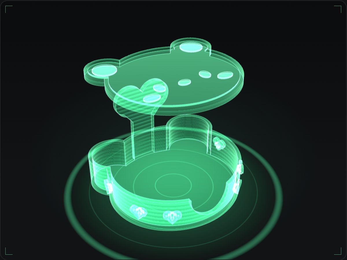 A green hologram of the white bear coaster set from the CAD model: the holder with six heart charms and a bear-cub coaster dropping into it.